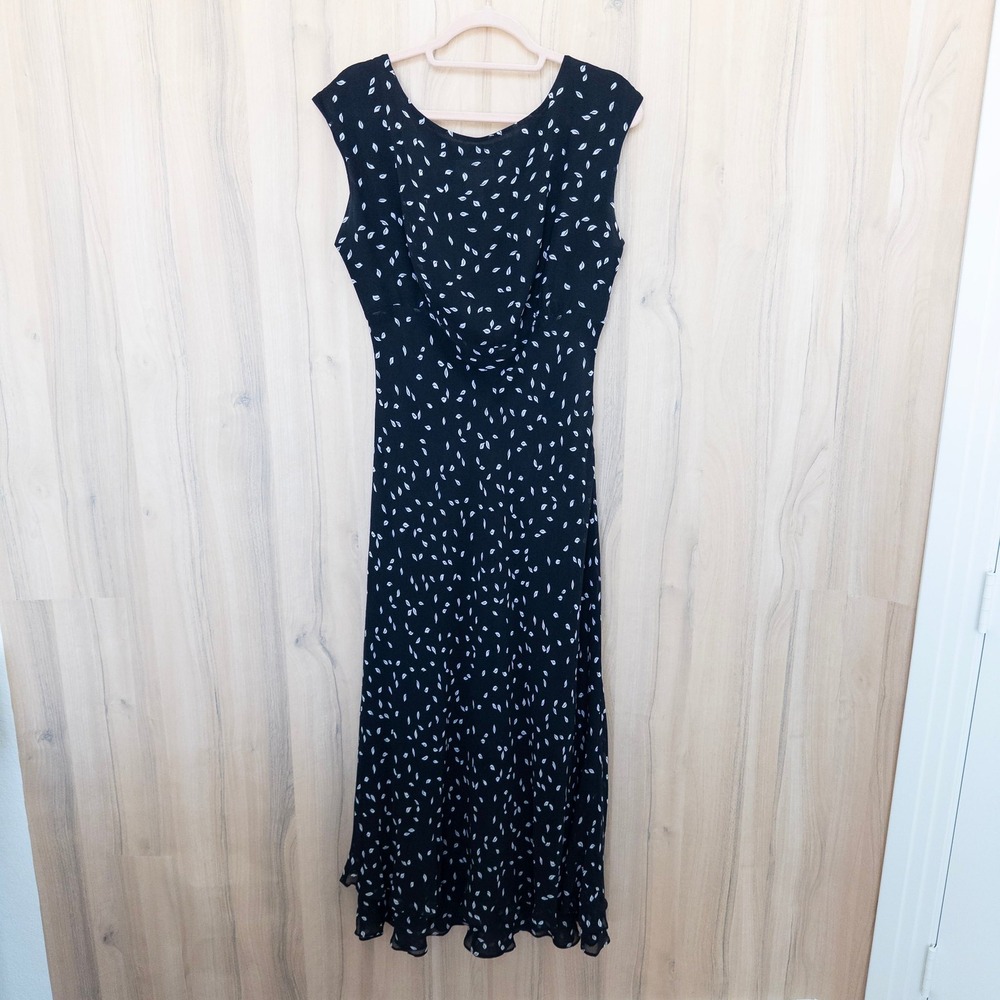 Vintage Chadwicks Silk Maxi Dress 14 Black Leaf Print Classic 90s Minimalist